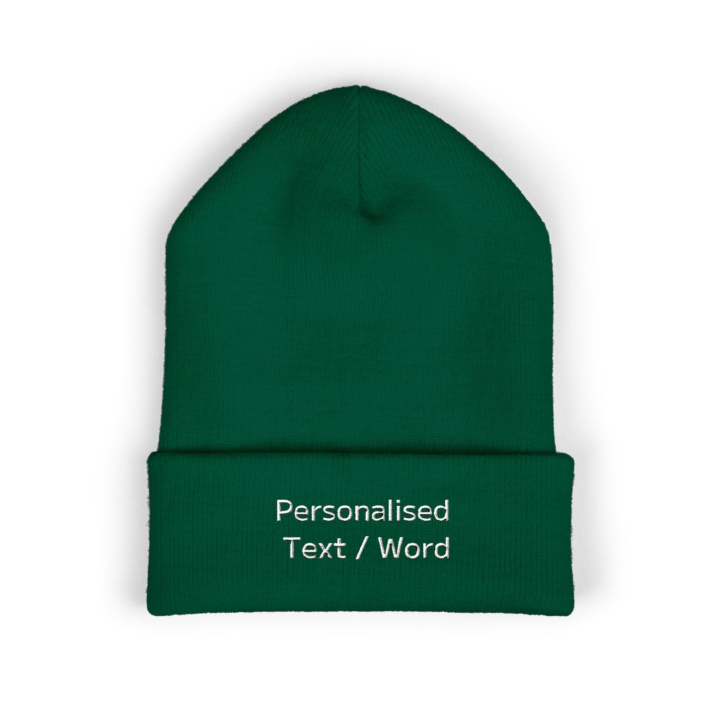 Green knitted beanie with "Personalised Text / Word" embroidery.