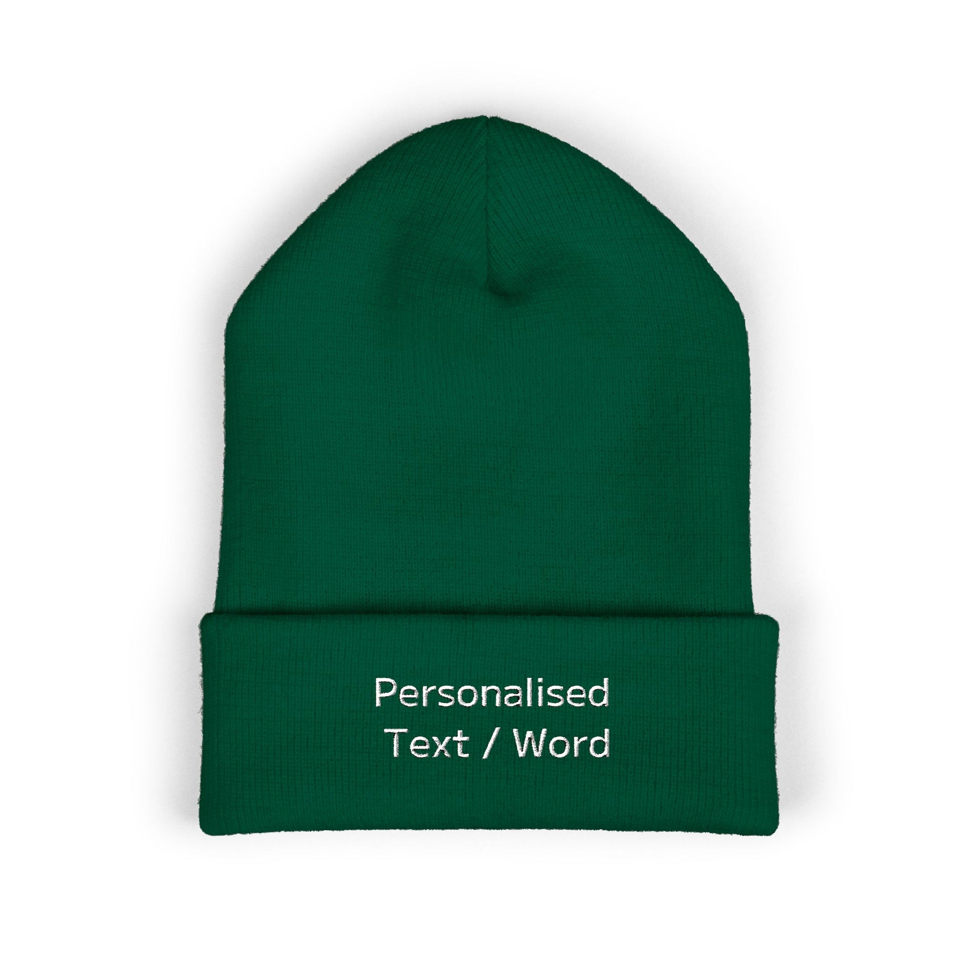 Green knitted beanie with "Personalised Text / Word" embroidery.