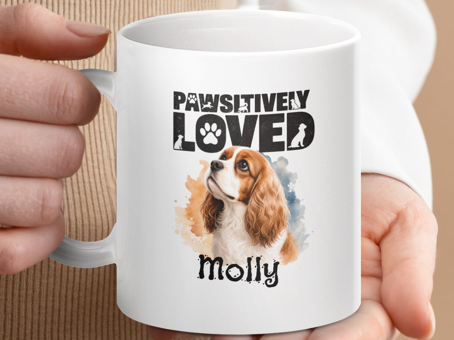 White mug with Cavalier King Charles Spaniel portrait and text "PAWSITIVELY LOVED Molly".