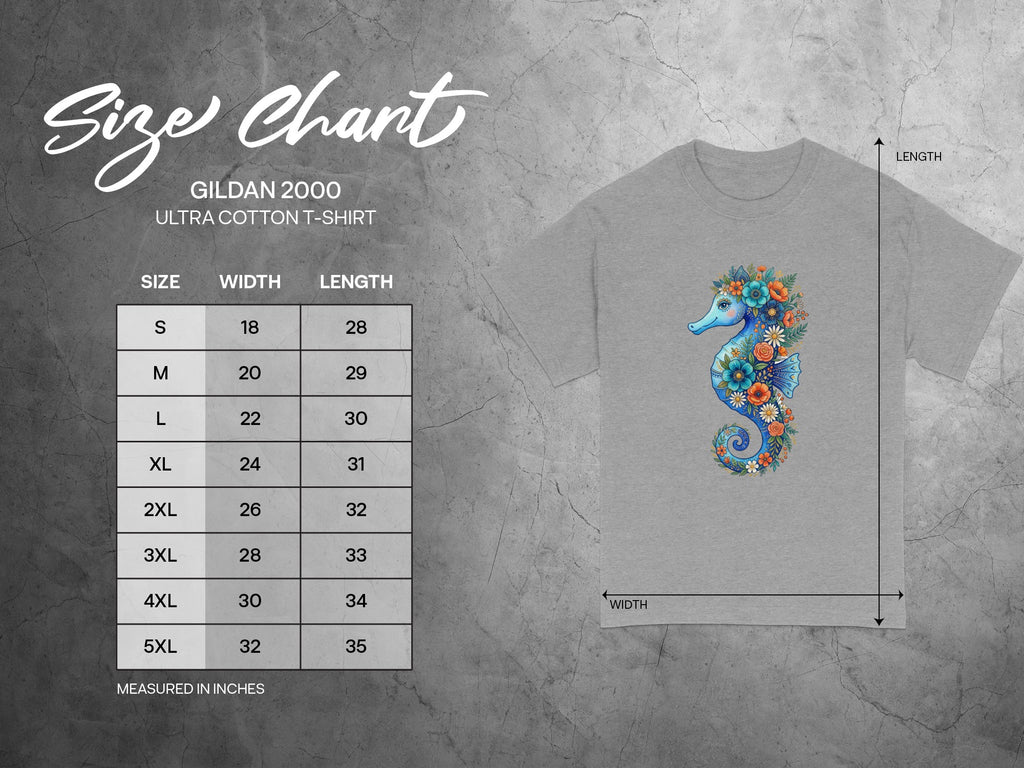 Gildan 2000 Ultra Cotton T-shirt size chart with width and length measurements in inches.