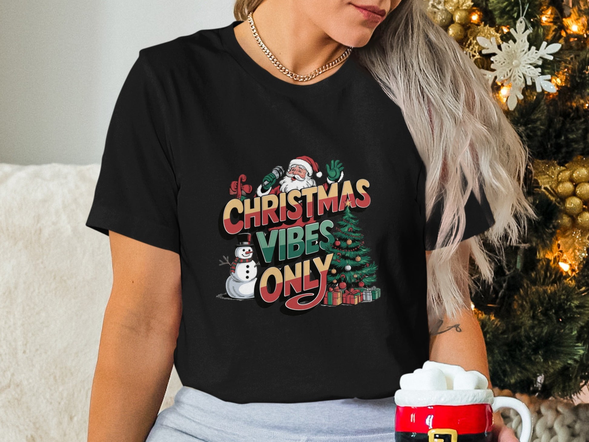 Christmas Vibes Only Santa Snowman Graphic Tee