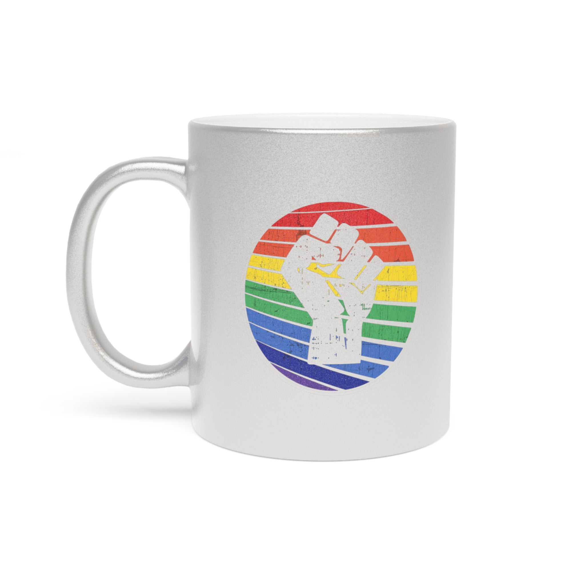 Silver mug with a raised fist on a rainbow striped circle.