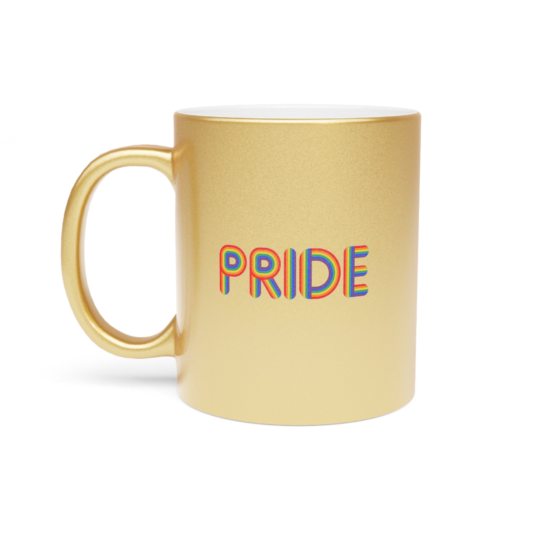 Gold mug with rainbow "PRIDE" lettering on white background.