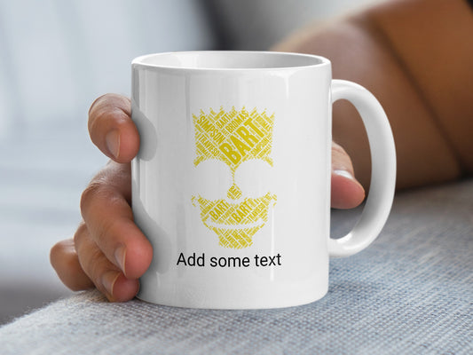 White mug with "BART SIMPSON" text art and "Add some text" caption.