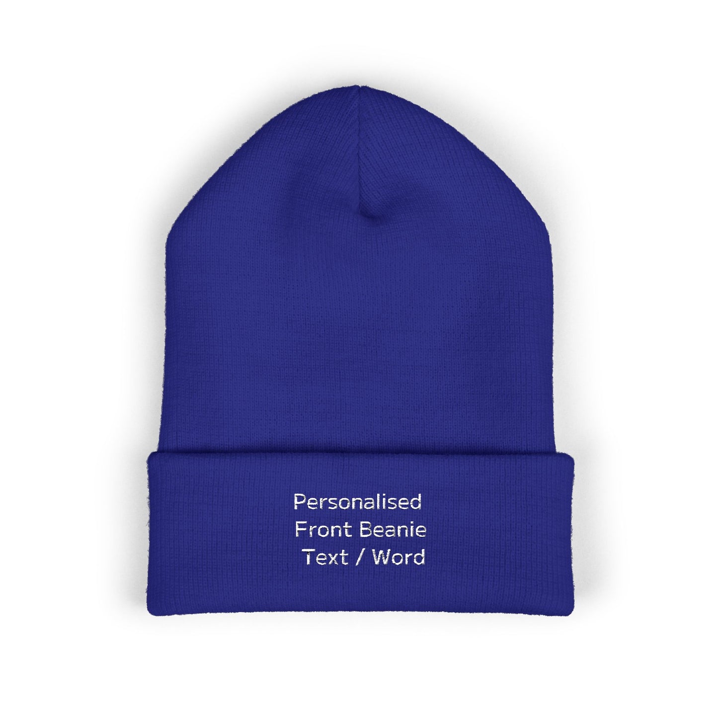 Blue knitted beanie with embroidered text: Personalised Front Beanie Text / Word.