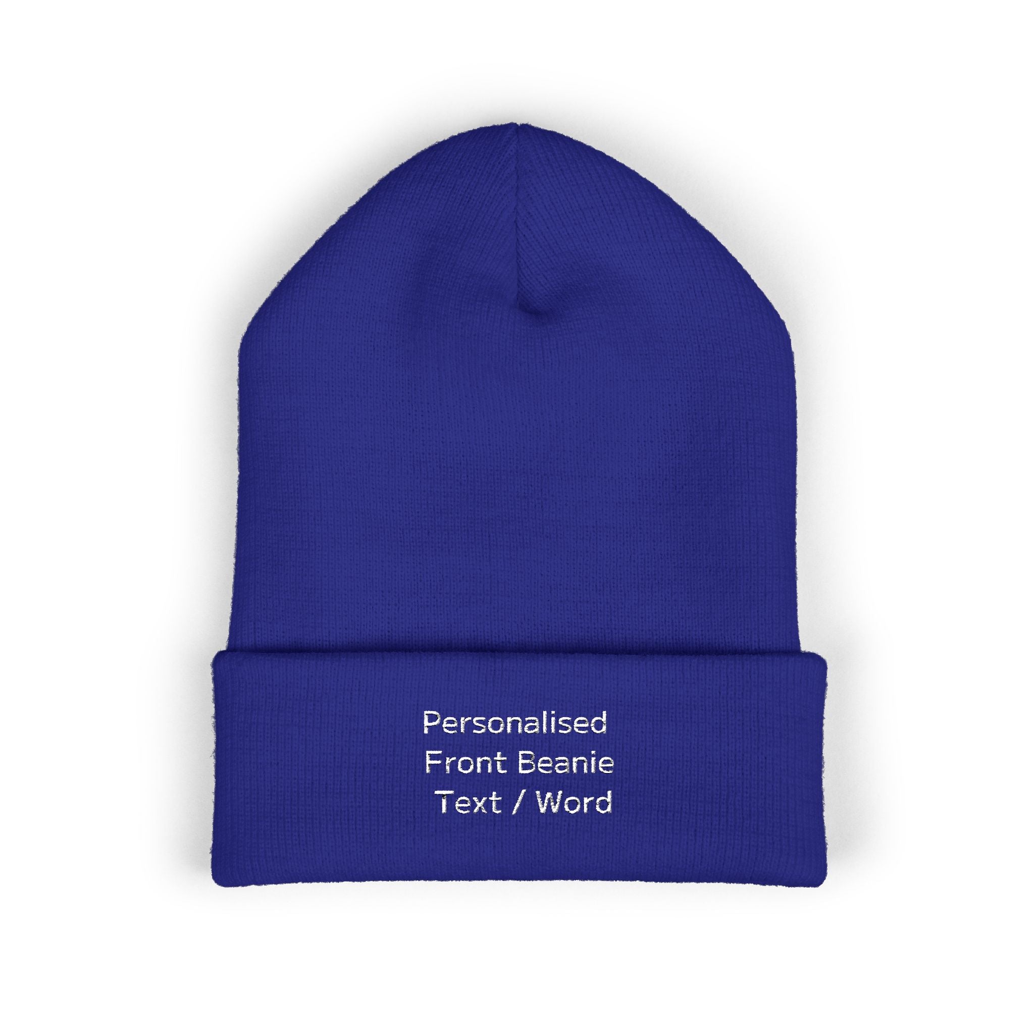 Blue knitted beanie with embroidered text: Personalised Front Beanie Text / Word.