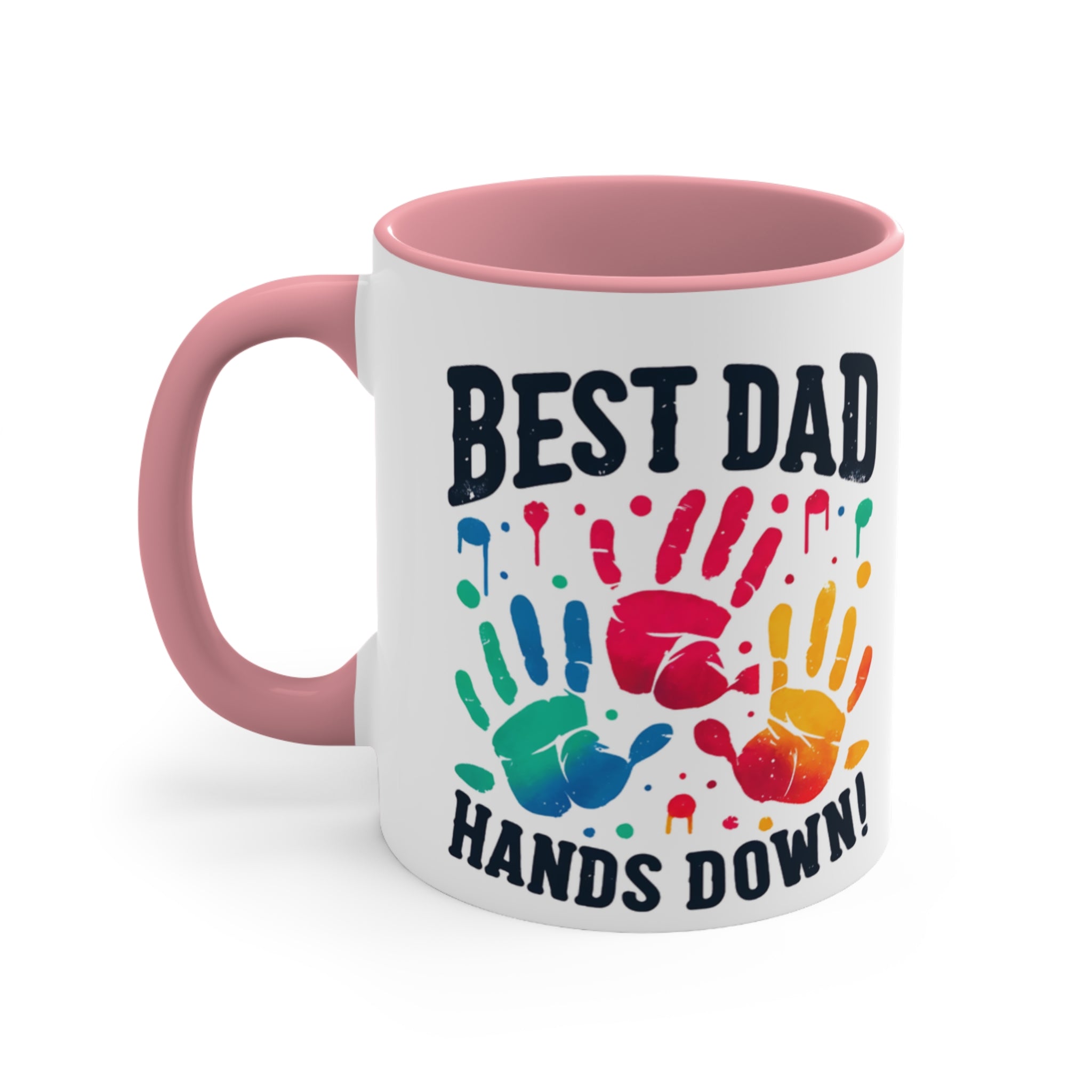 White mug with colorful handprints and text "BEST DAD HANDS DOWN!".