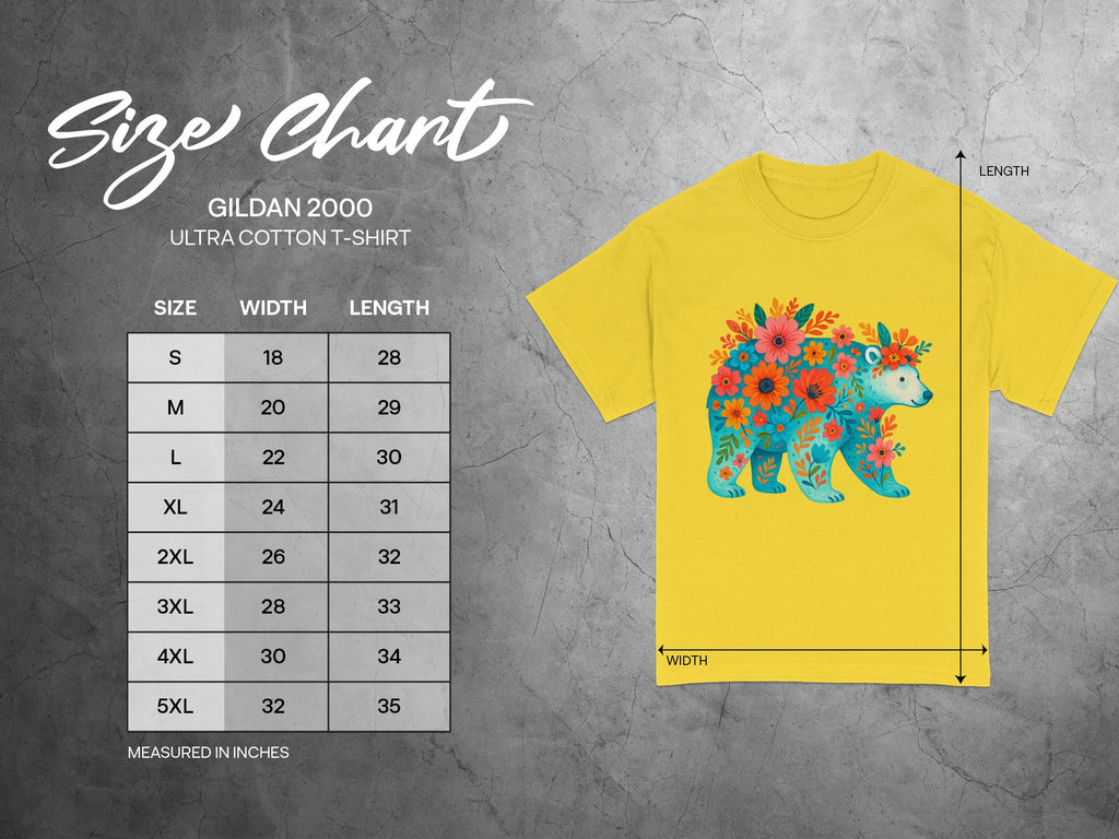Gildan 2000 Ultra Cotton t-shirt size chart with measurements in inches.
