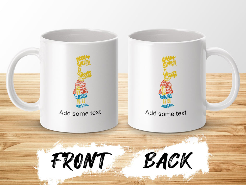 White mugs with Simpsons characters and text, front and back views.