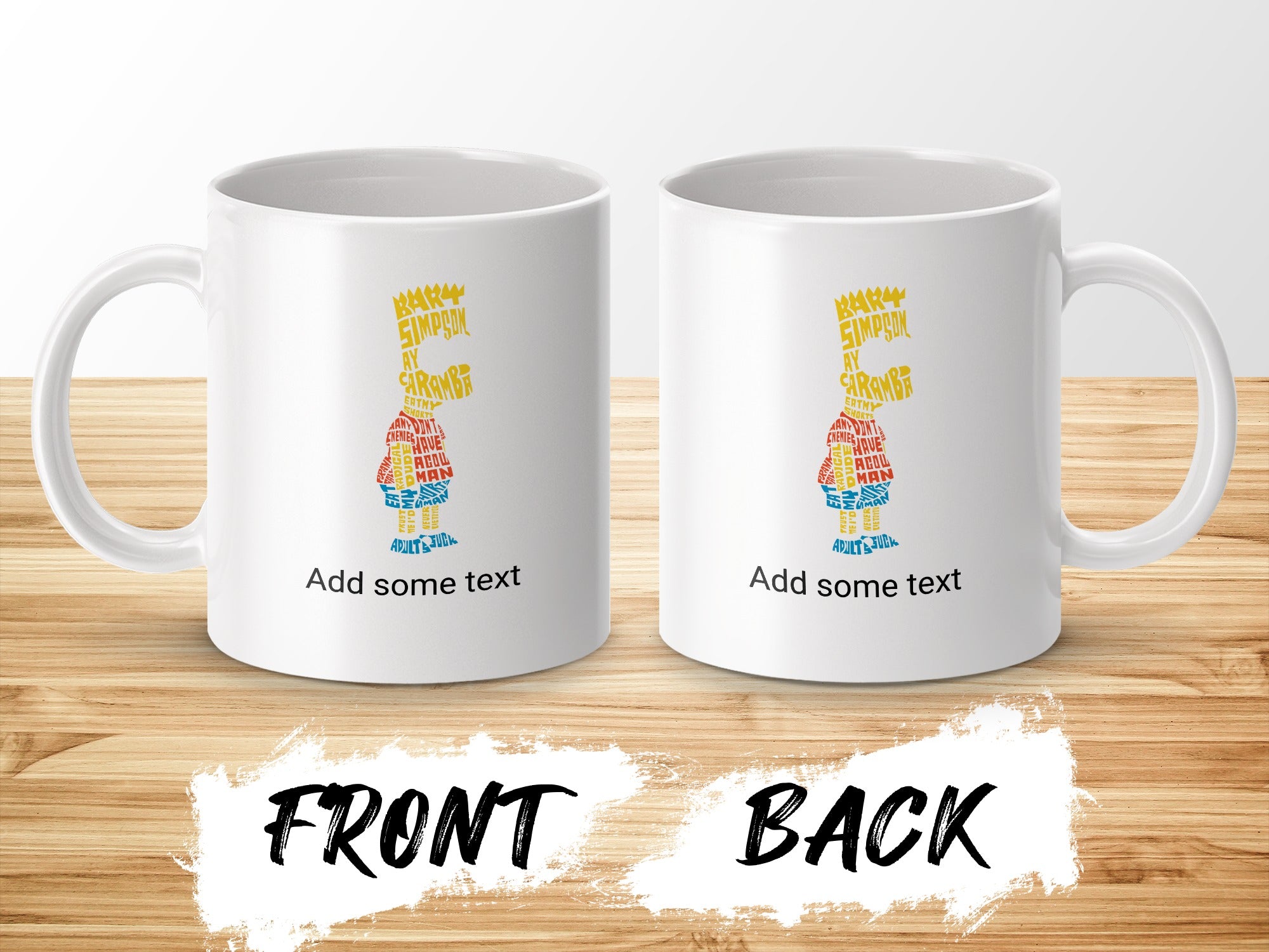 White mugs with Simpsons characters and text, front and back views.