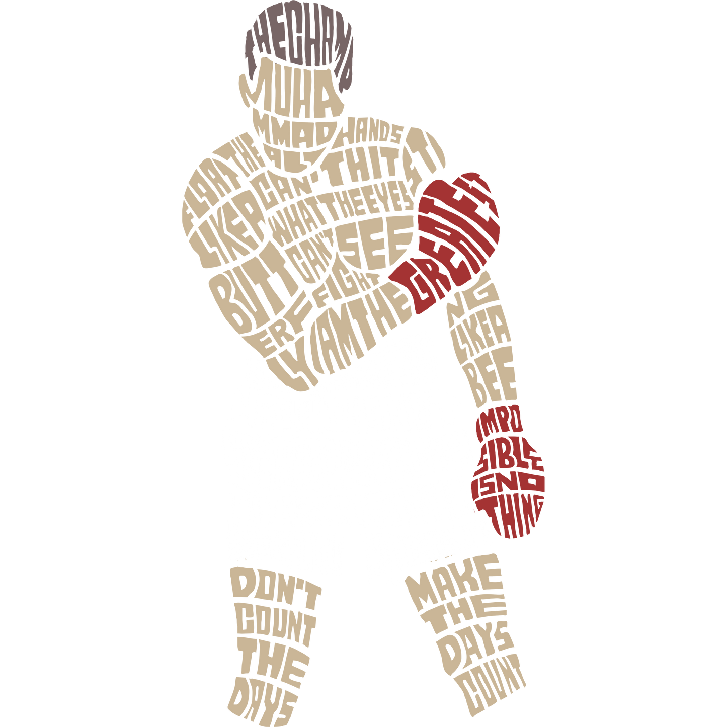Poster of Muhammad Ali formed from words and phrases, with red boxing gloves.