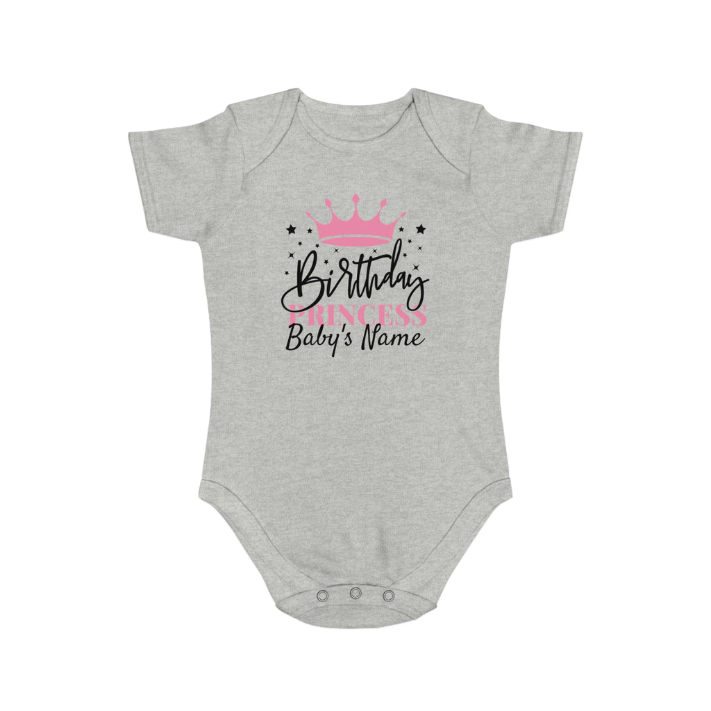 Gray baby onesie with "Princess Baby's Name" and crown graphic.