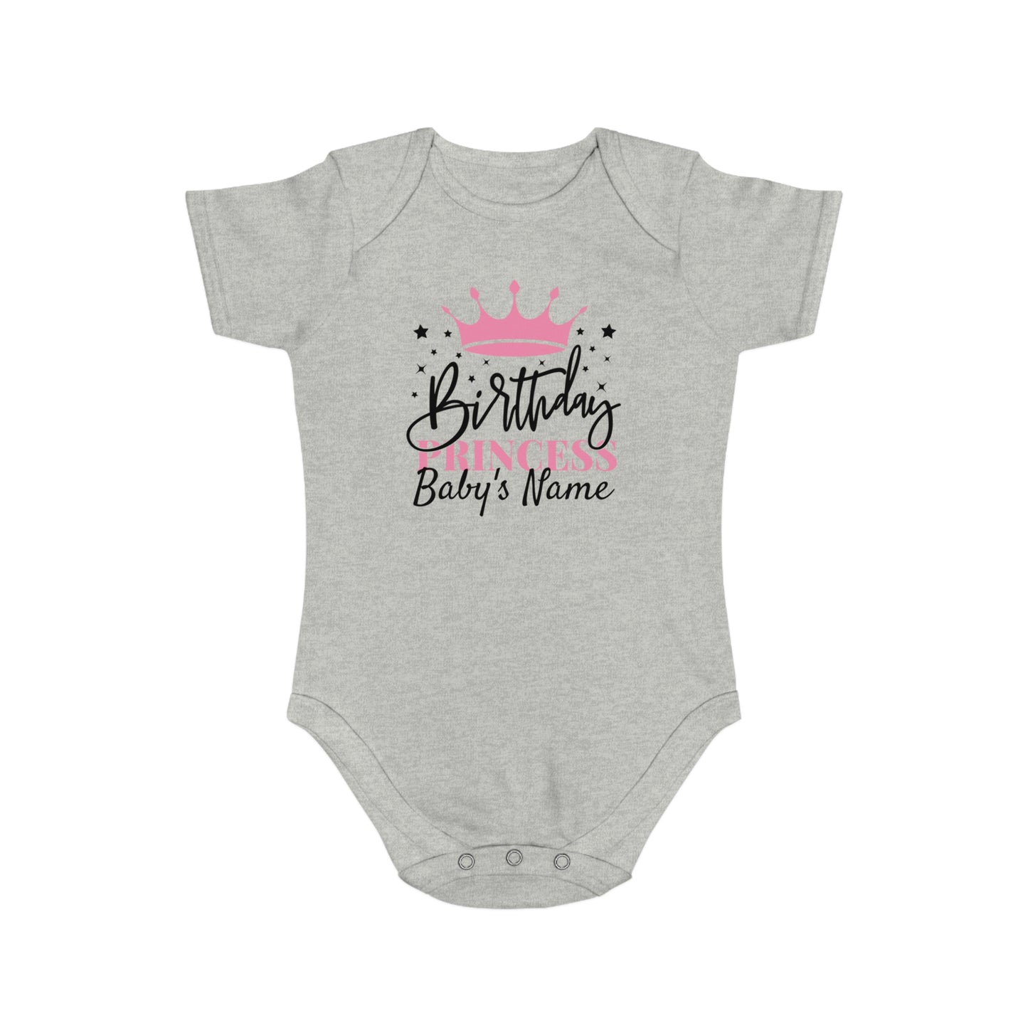 Gray baby onesie with "Princess Baby's Name" and crown graphic.