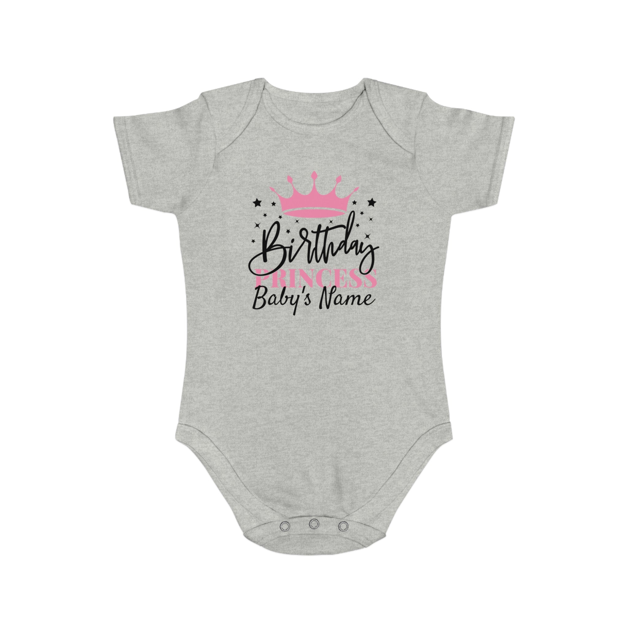 Gray baby onesie with "Princess Baby's Name" and crown graphic.