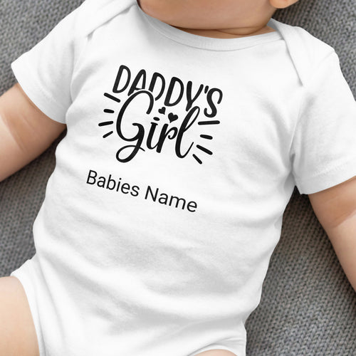 White baby onesie with "DADDY'S Girl" and "Babies Name" text.