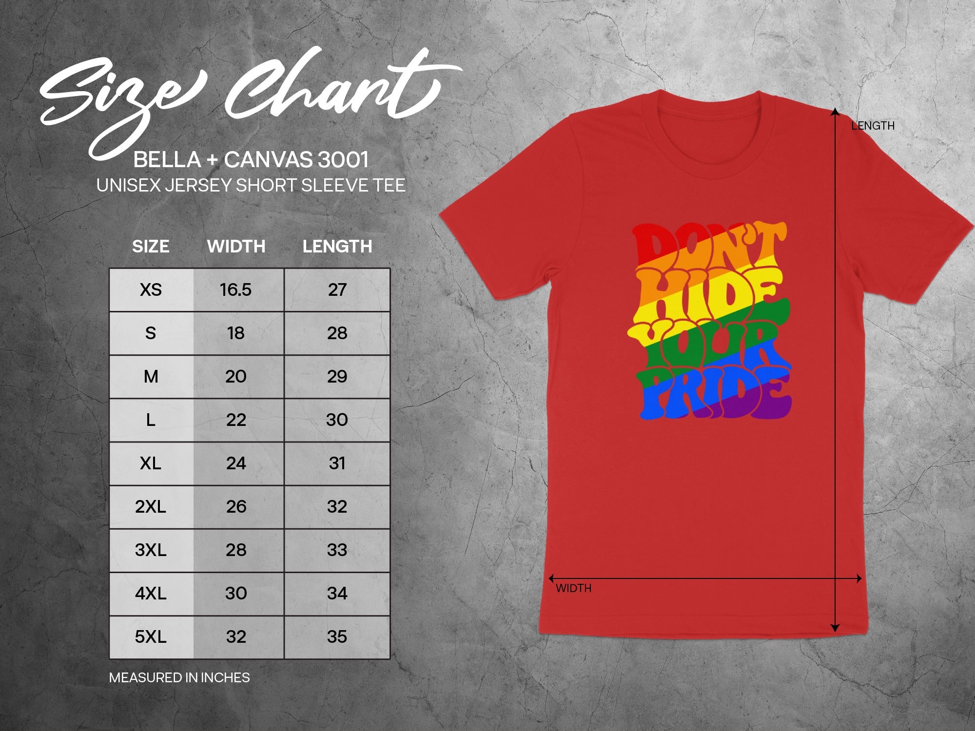 Size chart for Bella + Canvas 3001 unisex short sleeve tee in inches.