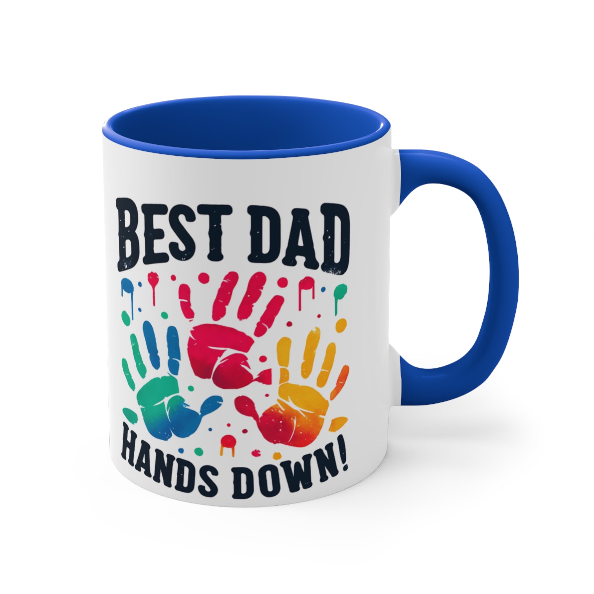 White mug with blue handle, "BEST DAD HANDS DOWN!" text, and colorful handprints.