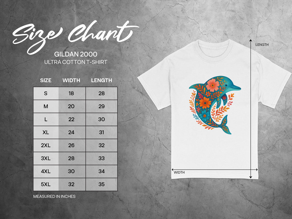 Gildan 2000 Ultra Cotton t-shirt size chart with floral dolphin design.