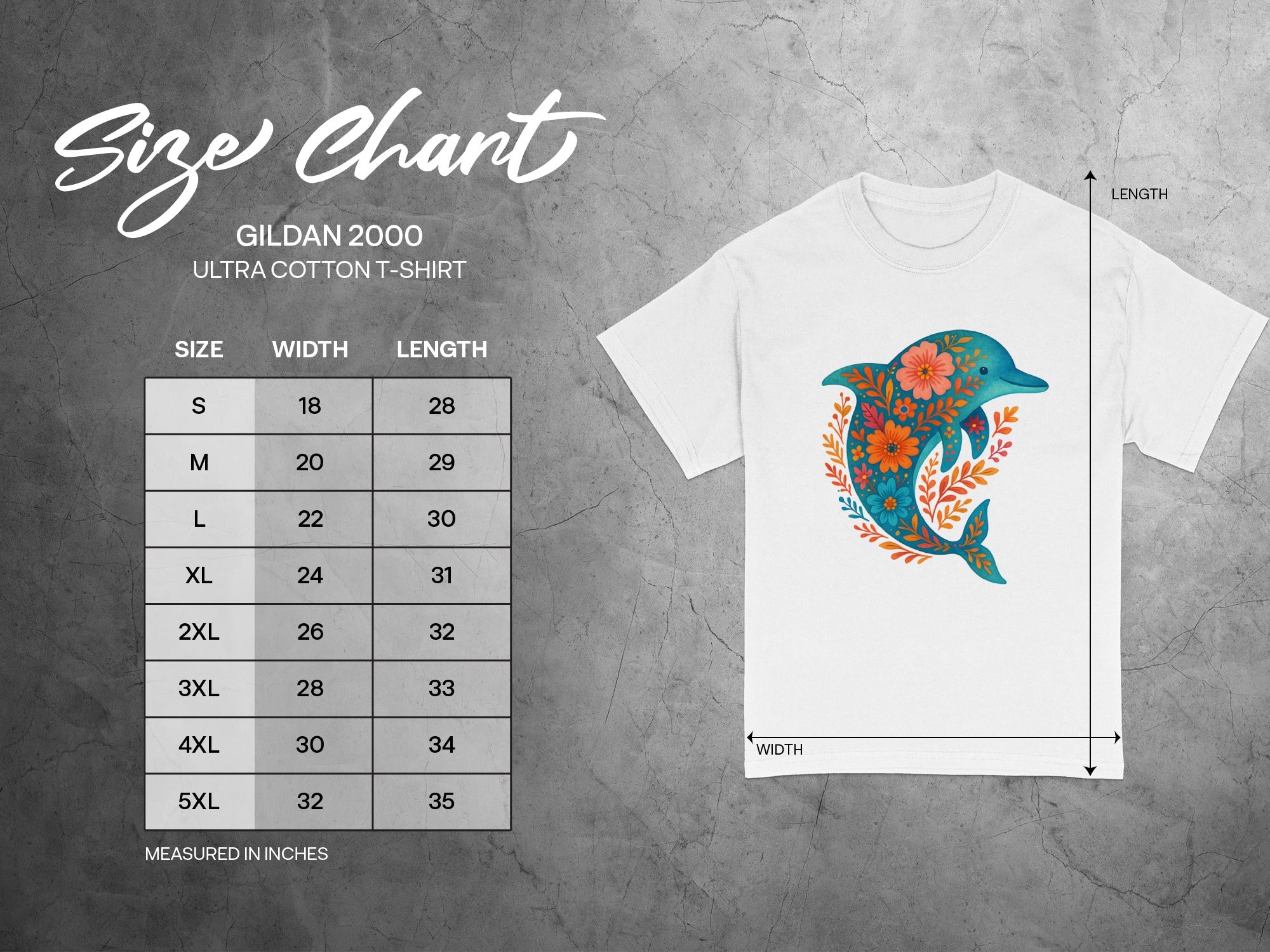 Gildan 2000 Ultra Cotton t-shirt size chart with floral dolphin design.