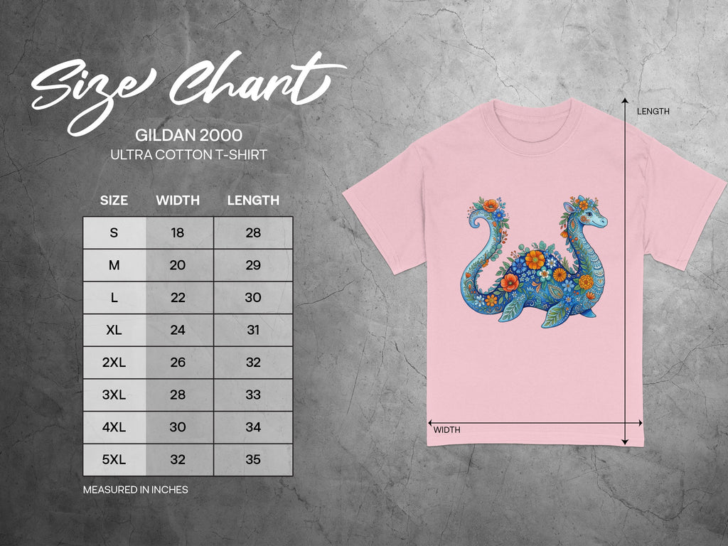 Gildan 2000 t-shirt size chart with floral dragon design and measurement indicators.