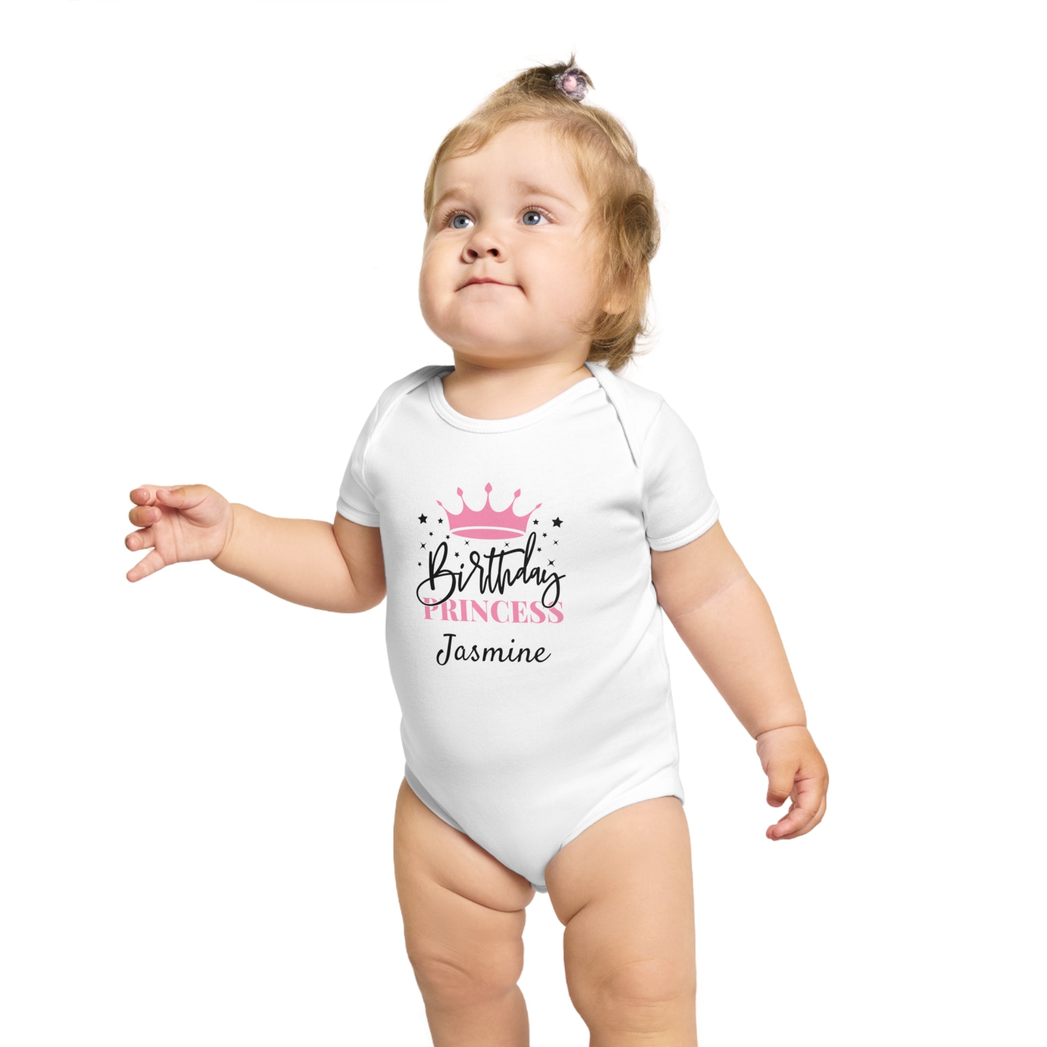 White baby onesie with "Birthday Princess Jasmine" text and crown graphic.