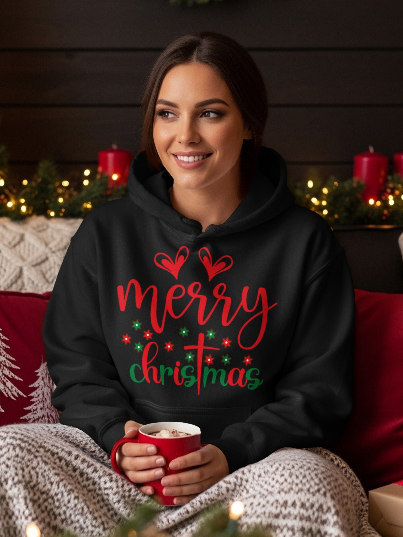 Merry Christmas Hoodie with Heart and Star Design