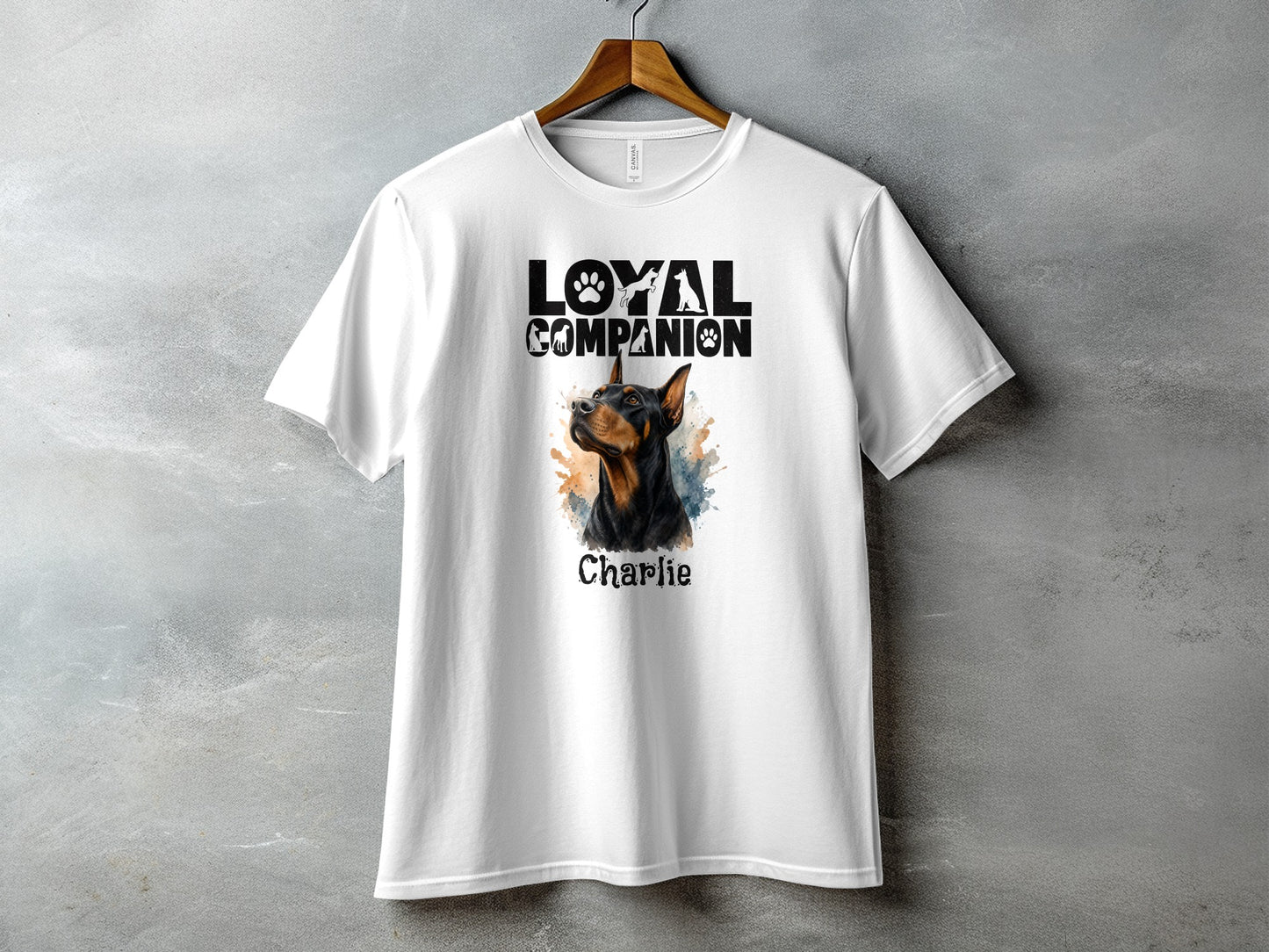 White t-shirt with "Loyal Companion" graphic and a Doberman dog portrait named Charlie.