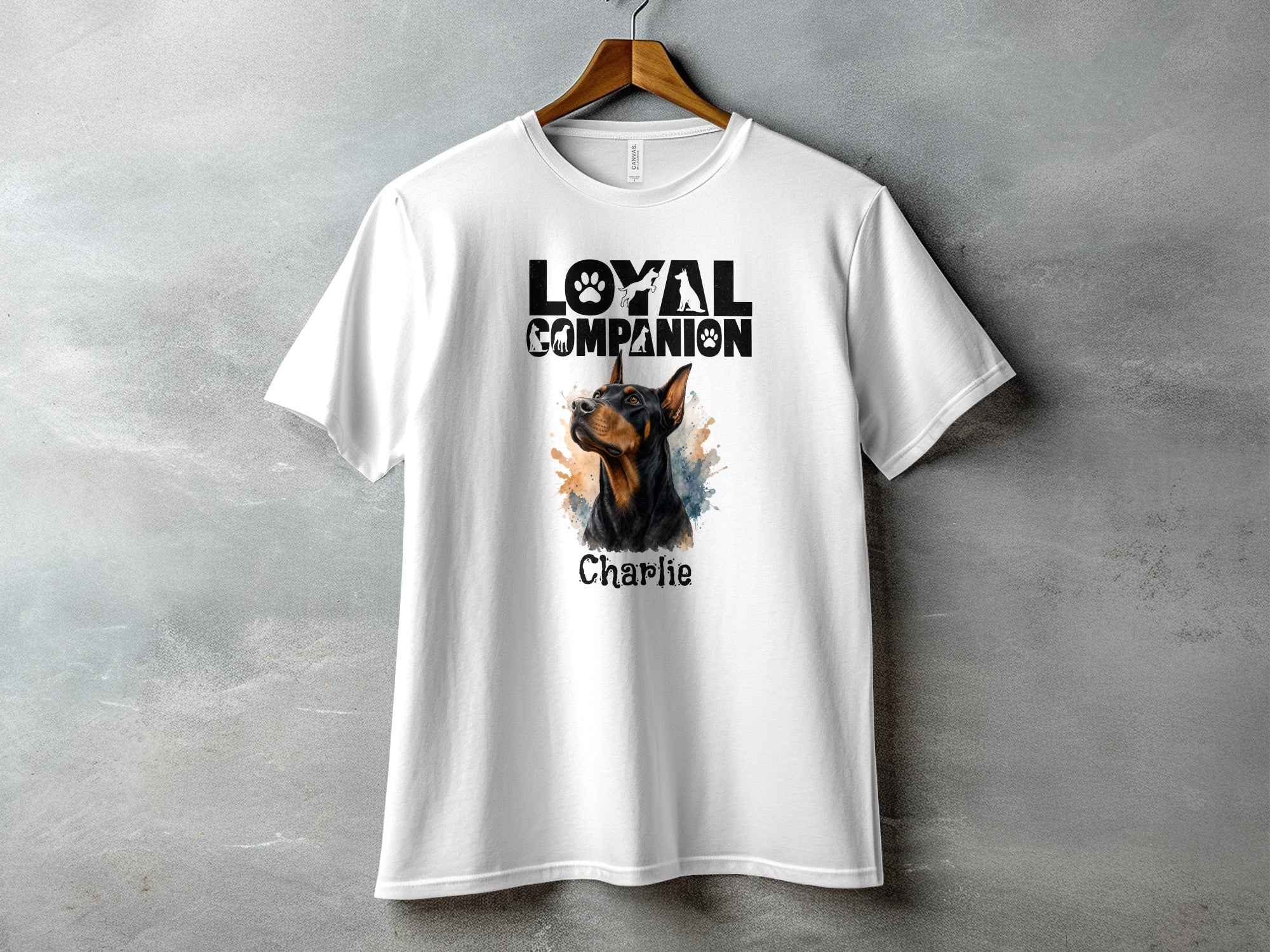 White t-shirt with "Loyal Companion" graphic and a Doberman dog portrait named Charlie.