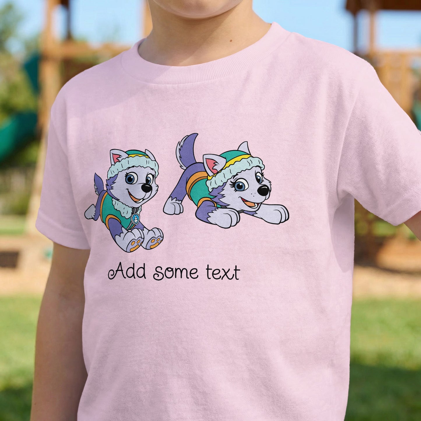Pink t-shirt with cartoon huskies and "Add some text" graphic.