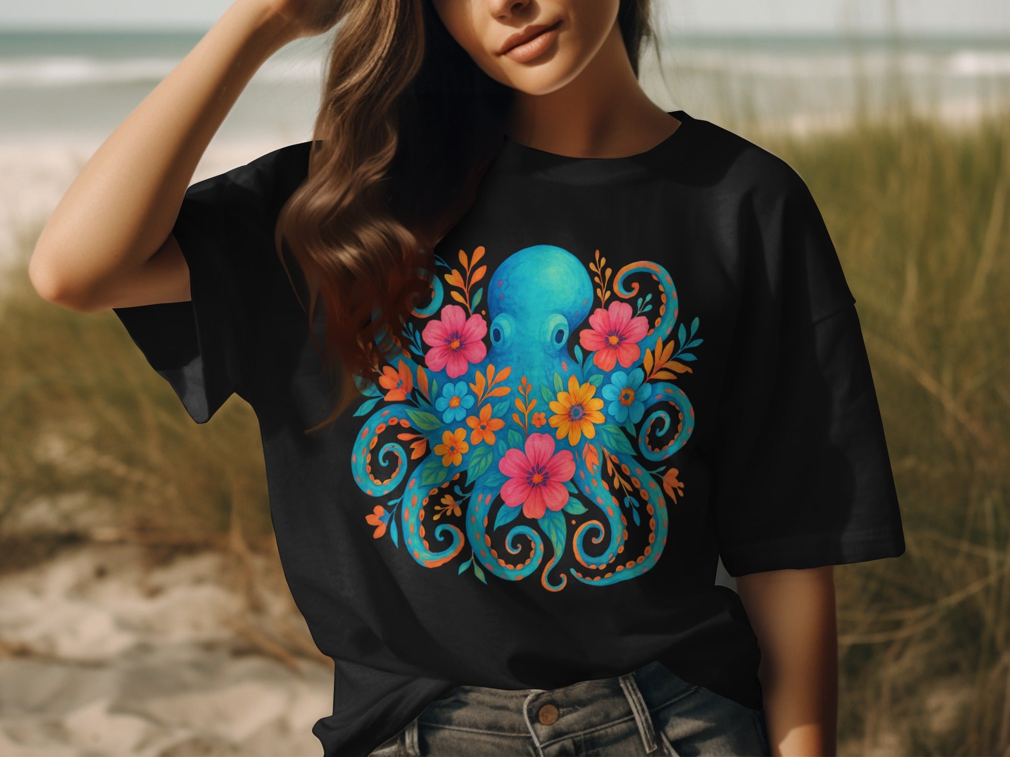Black t-shirt with a blue octopus and colorful flowers graphic design.