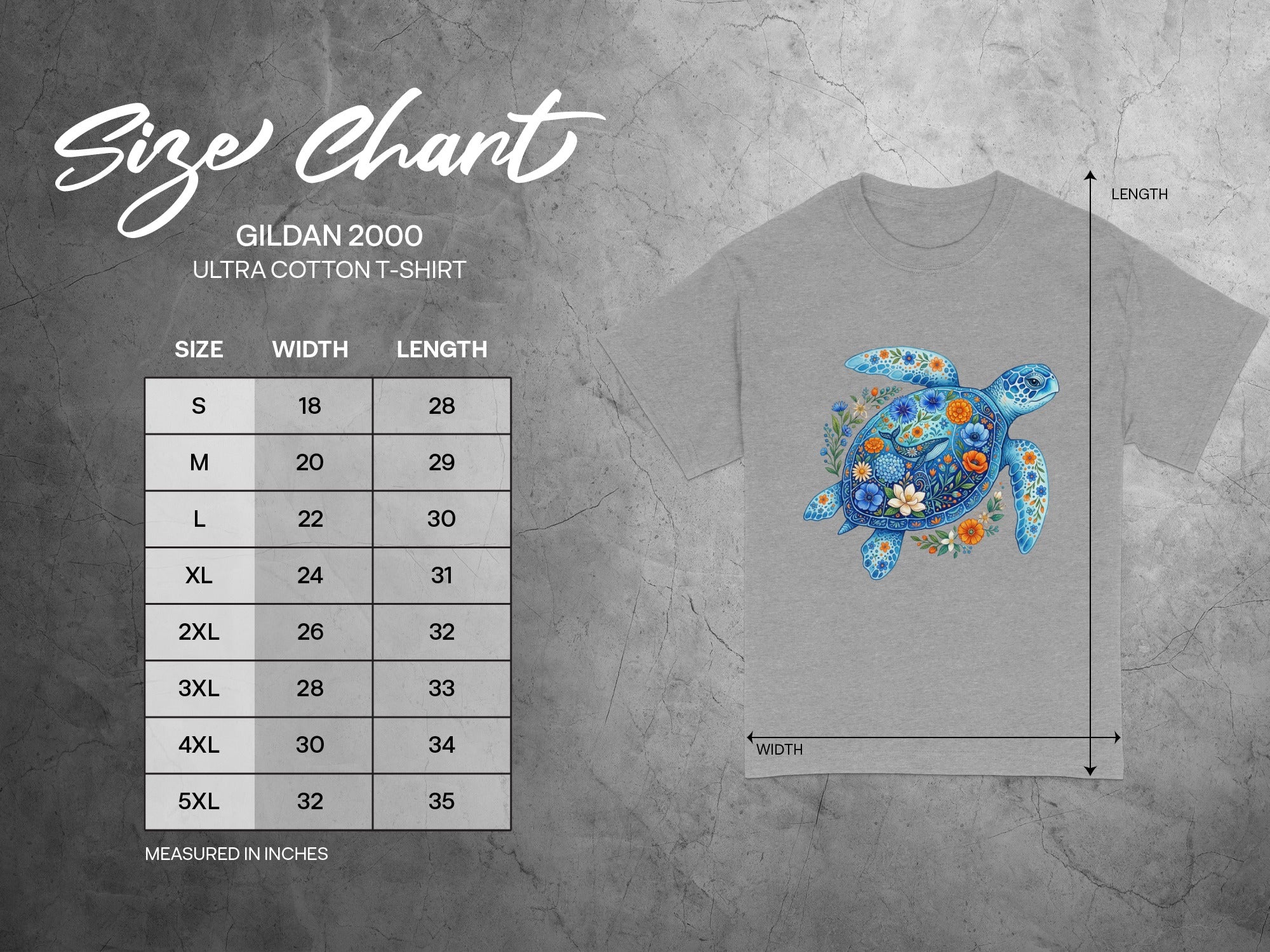 Gildan 2000 Ultra Cotton t-shirt size chart with measurements in inches.