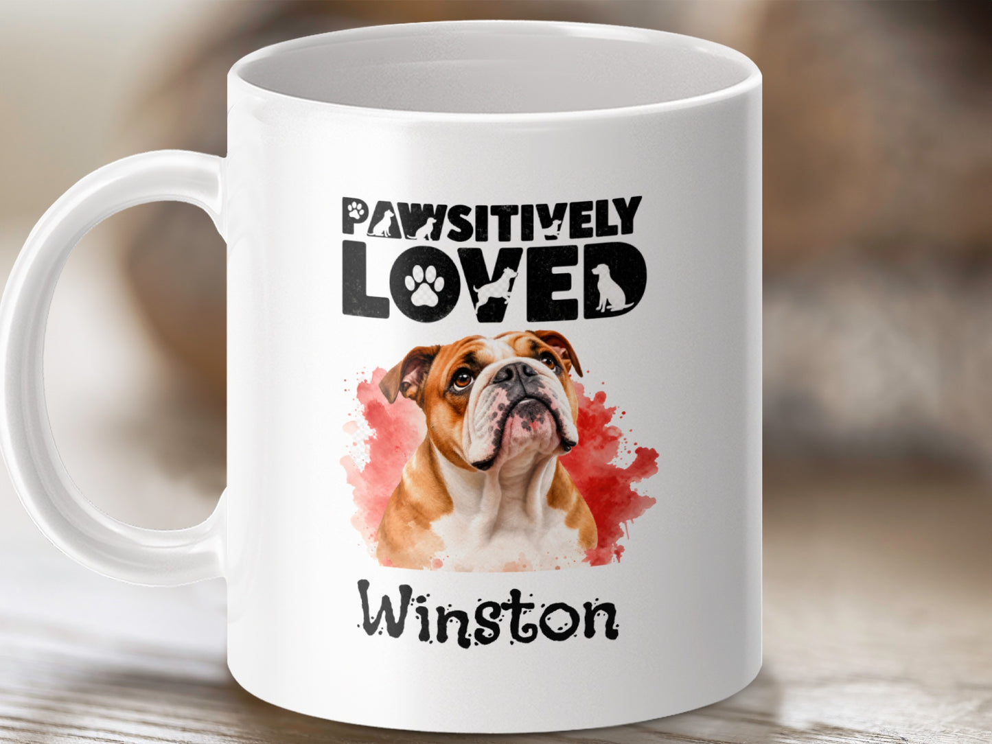 White mug with watercolor bulldog art, "PAWSITIVELY LOVED" text, and name "Winston".