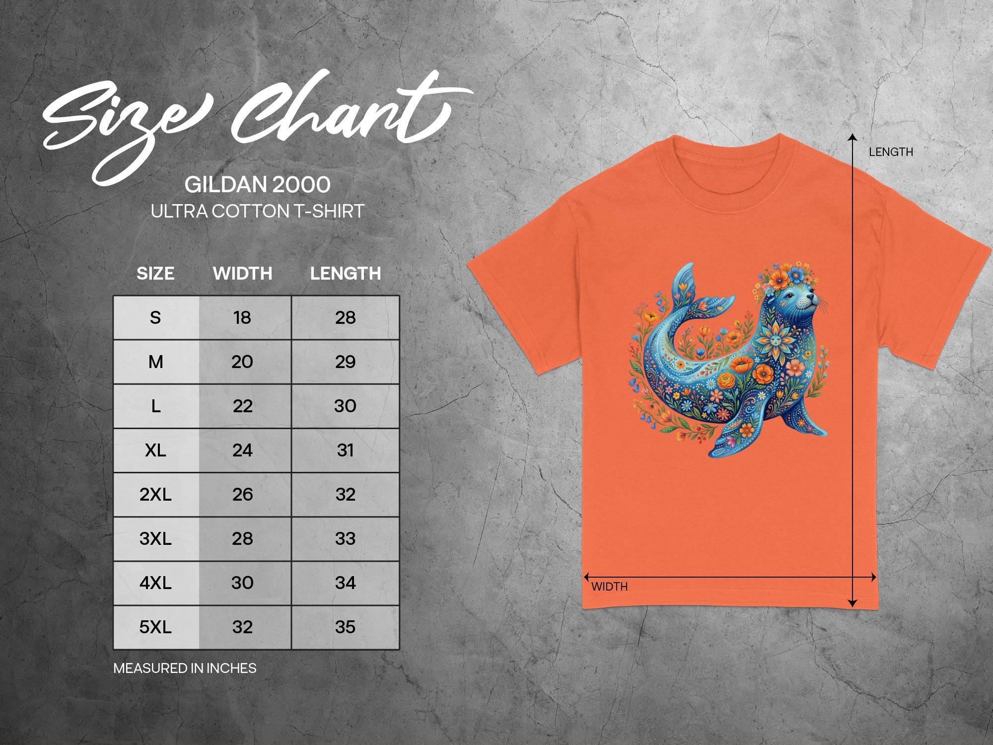 Gildan 2000 Ultra Cotton T-shirt size chart with width and length measurements in inches.