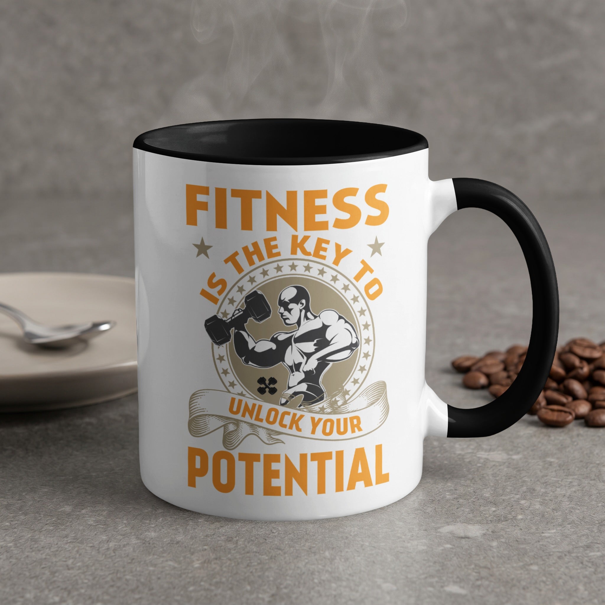 White mug with black rim, featuring fitness graphic and text.