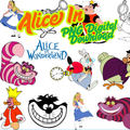 Alice in Wonderland characters including the Cheshire Cat, White Rabbit, and Queen of Hearts.