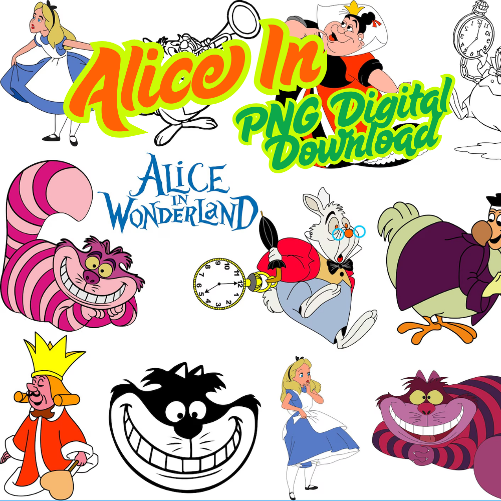 Alice in Wonderland characters including the Cheshire Cat, White Rabbit, and Queen of Hearts.