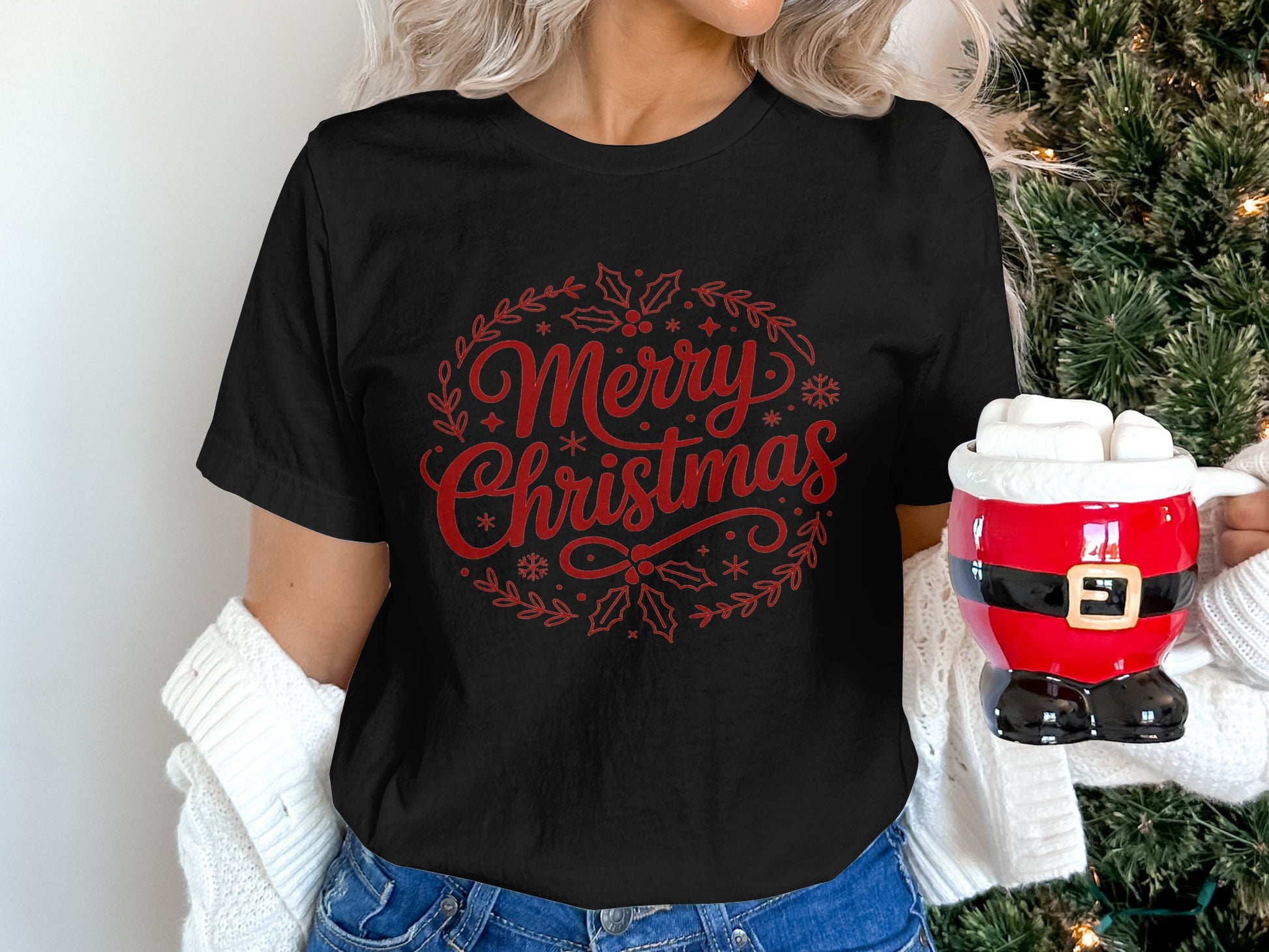 Festive Merry Christmas Graphic Black Tshirt