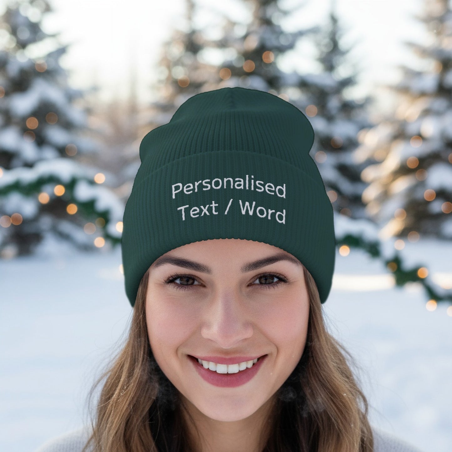Dark green beanie with embroidered text "Personalised Text / Word" on a woman.