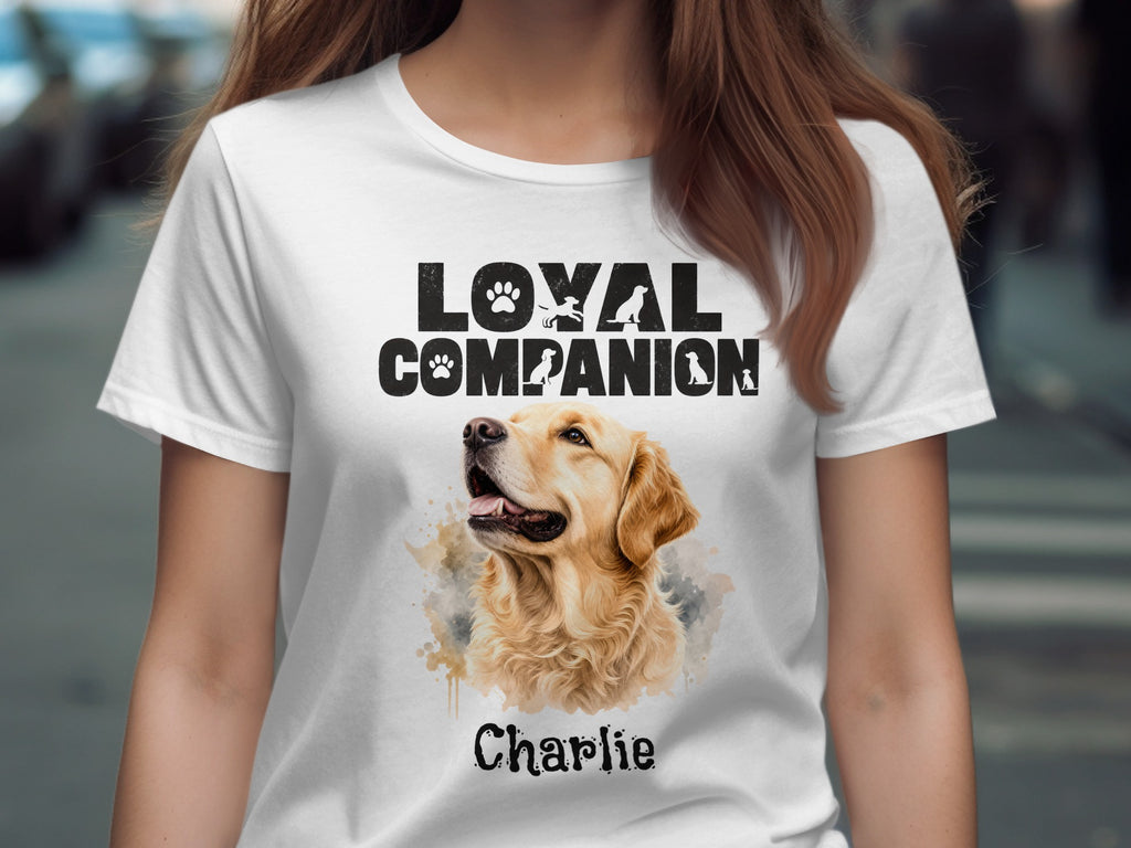 White t-shirt with "LOYAL COMPANION" text and a Golden Retriever portrait named Charlie.