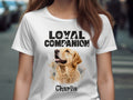 White t-shirt with "LOYAL COMPANION" text and a Golden Retriever portrait named Charlie.