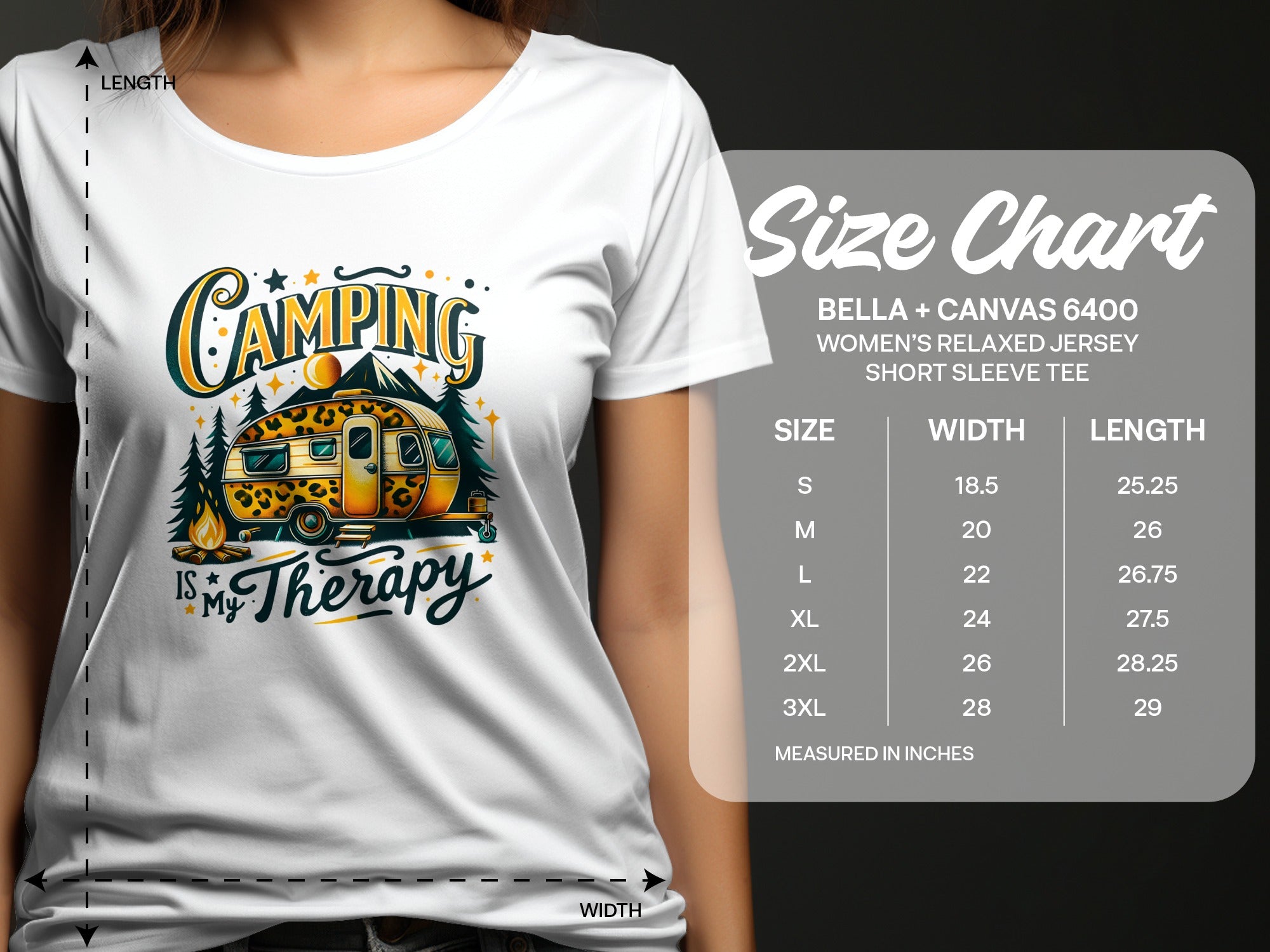 White t-shirt with "Camping Is My Therapy" graphic, includes size chart with measurements.