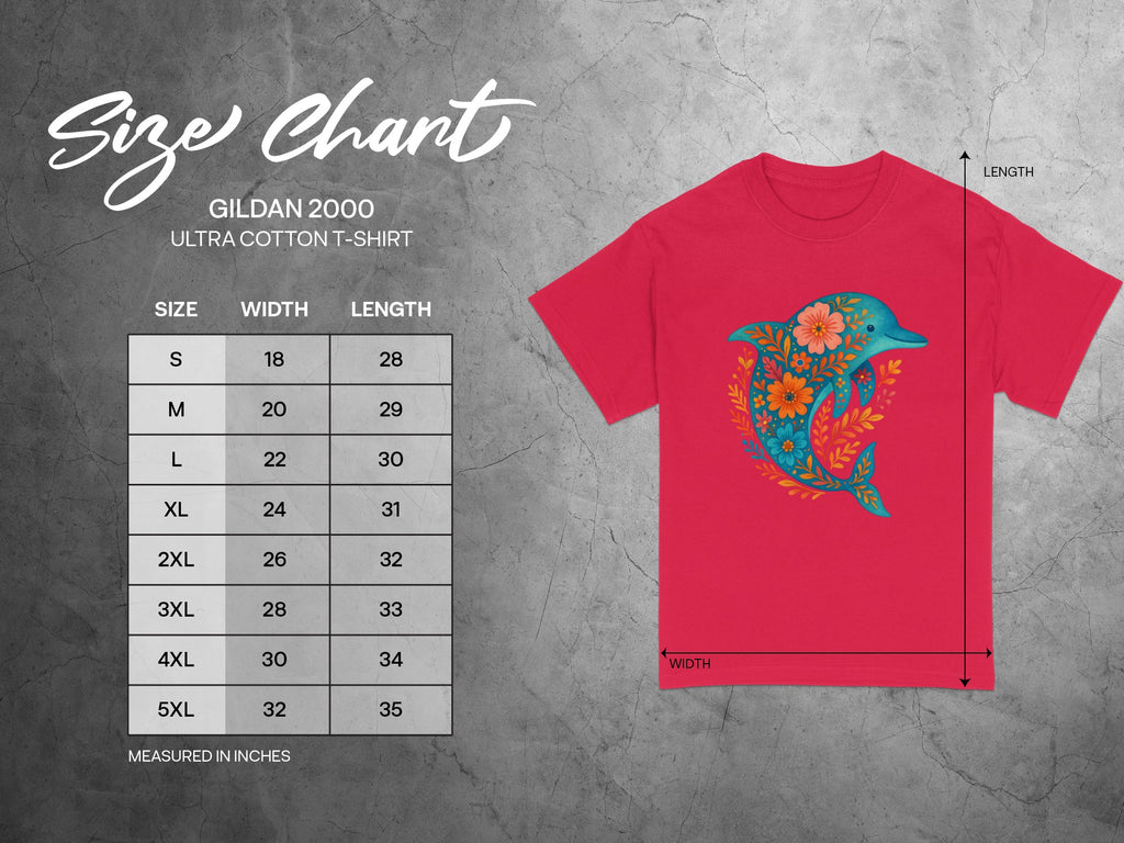 Gildan 2000 Ultra Cotton t-shirt size chart with measurements in inches.
