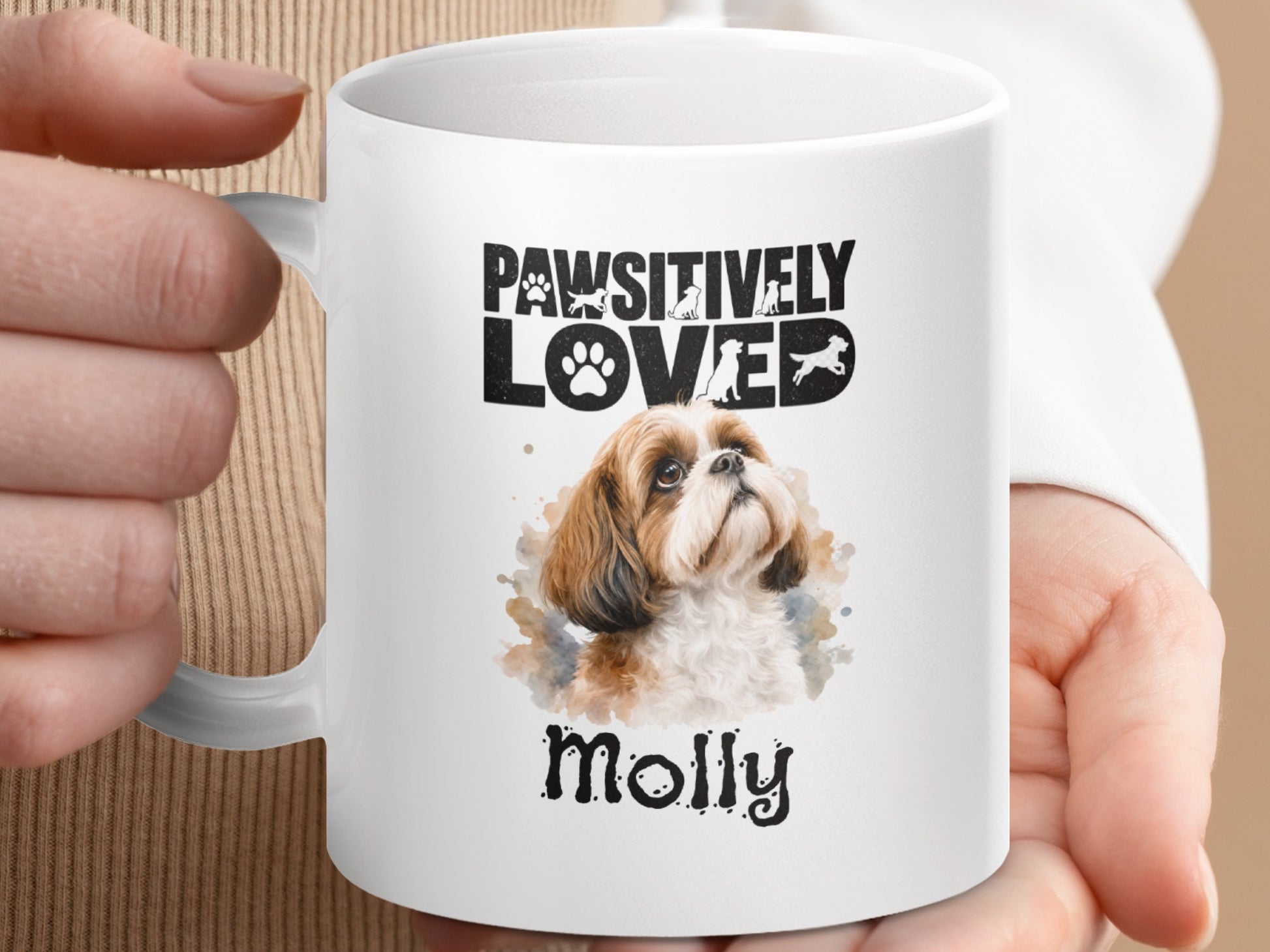 White mug with watercolor Shih Tzu and text "PAWSITIVELY LOVED Molly".