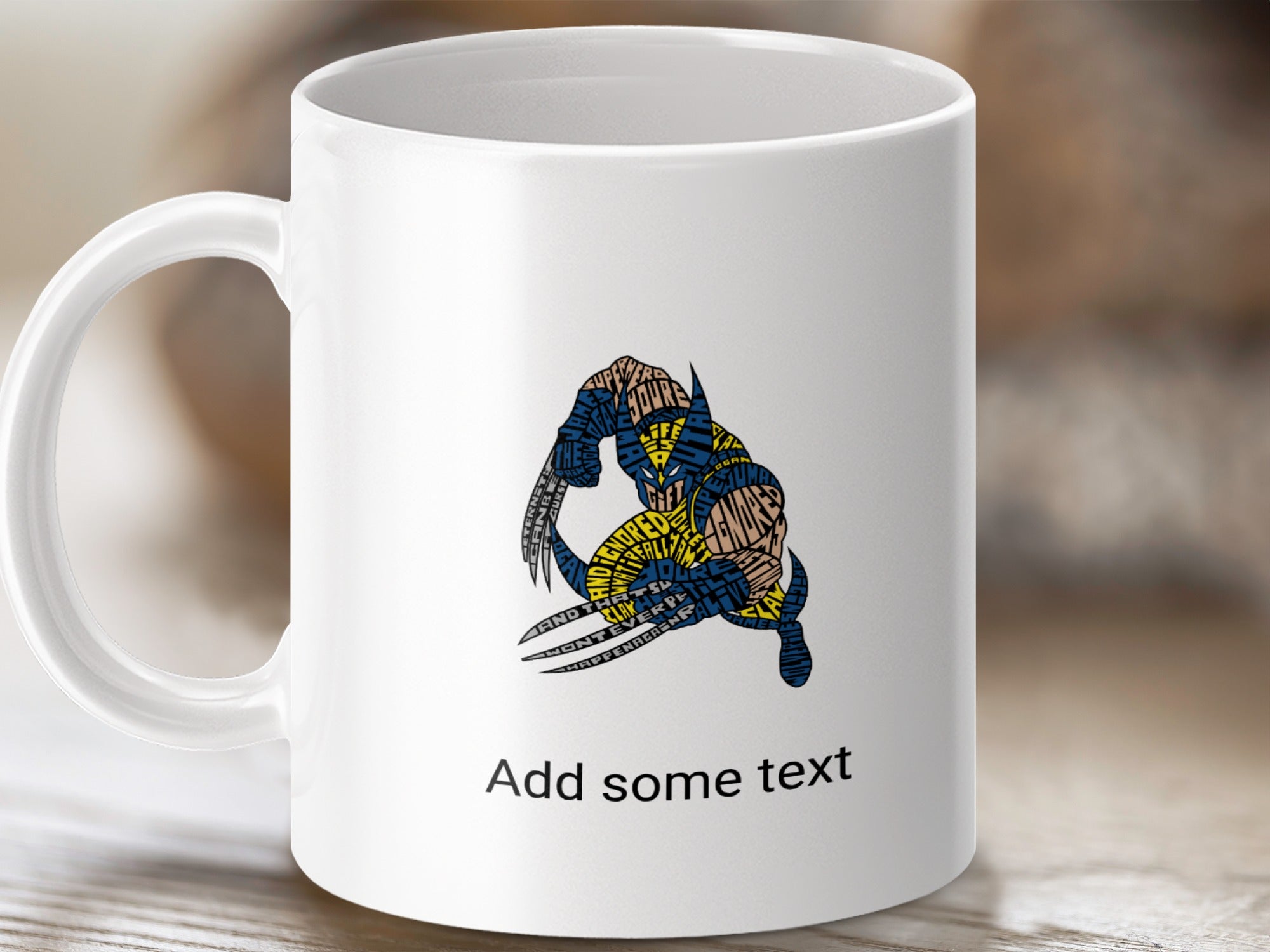 White mug with Wolverine silhouette made of words, and "Add some text."