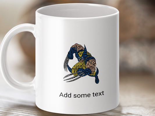 White mug with Wolverine silhouette made of words, and "Add some text."