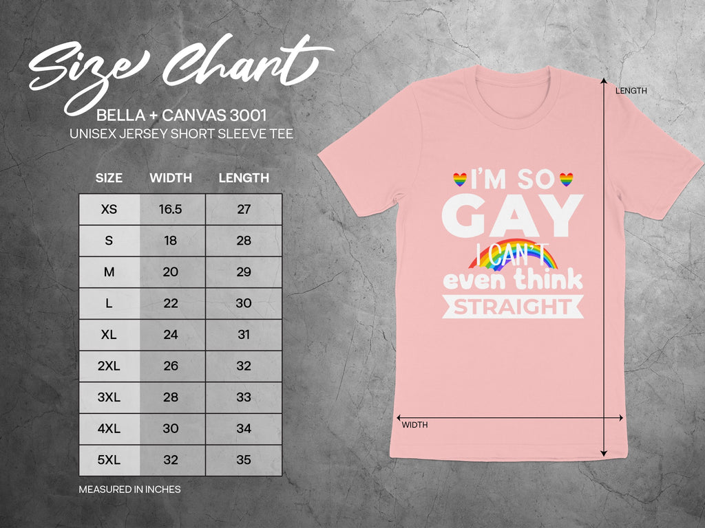 Size chart for BELLA + CANVAS 3001 unisex tee with LGBTQ+ graphic.