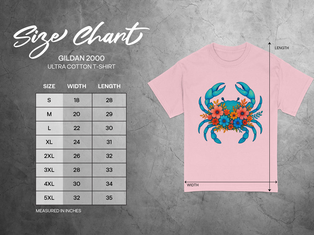 Gildan 2000 Ultra Cotton t-shirt size chart with floral crab graphic.