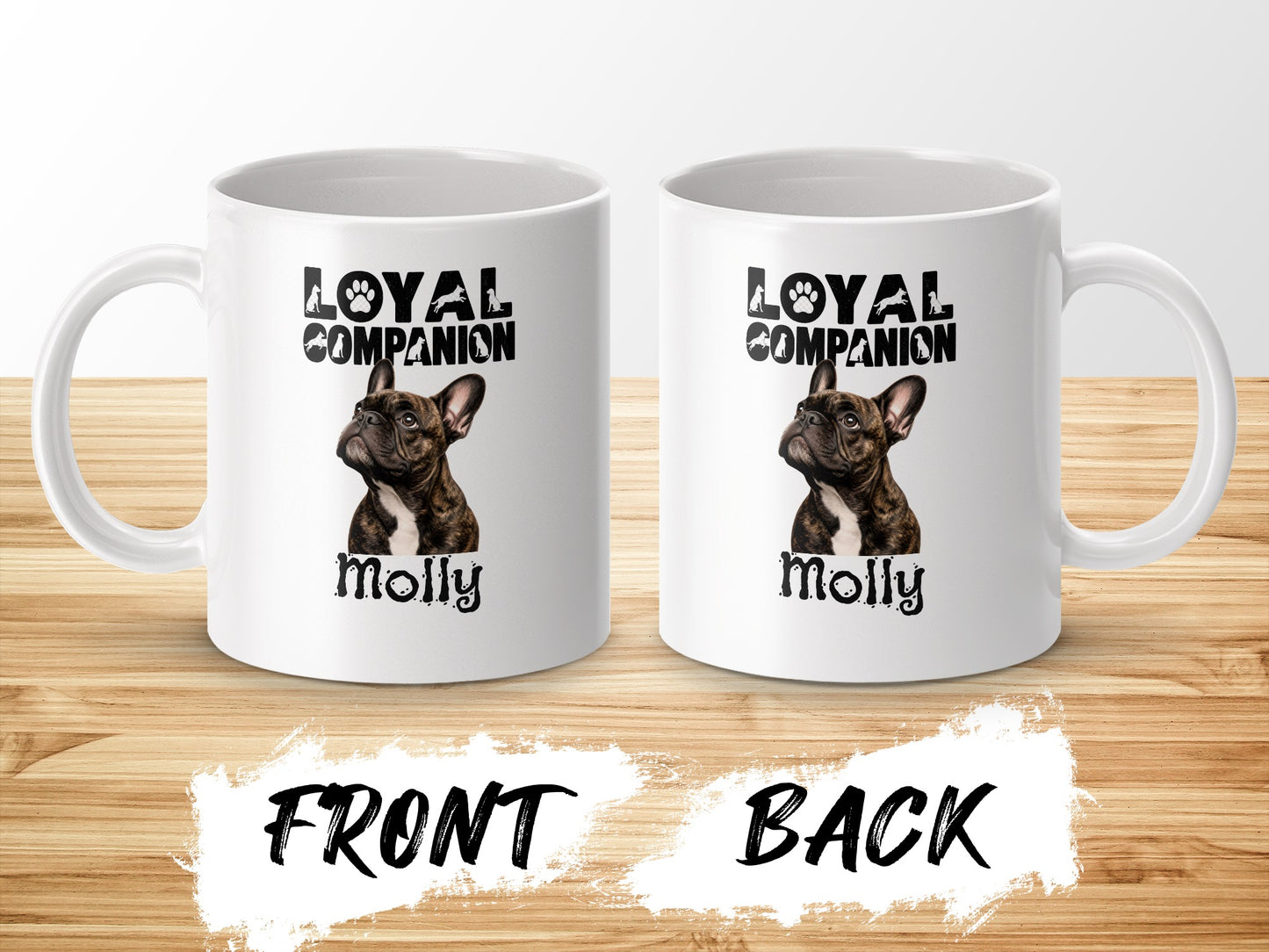 Two white mugs displayed side-by-side with "Loyal Companion" and "Molly" text.