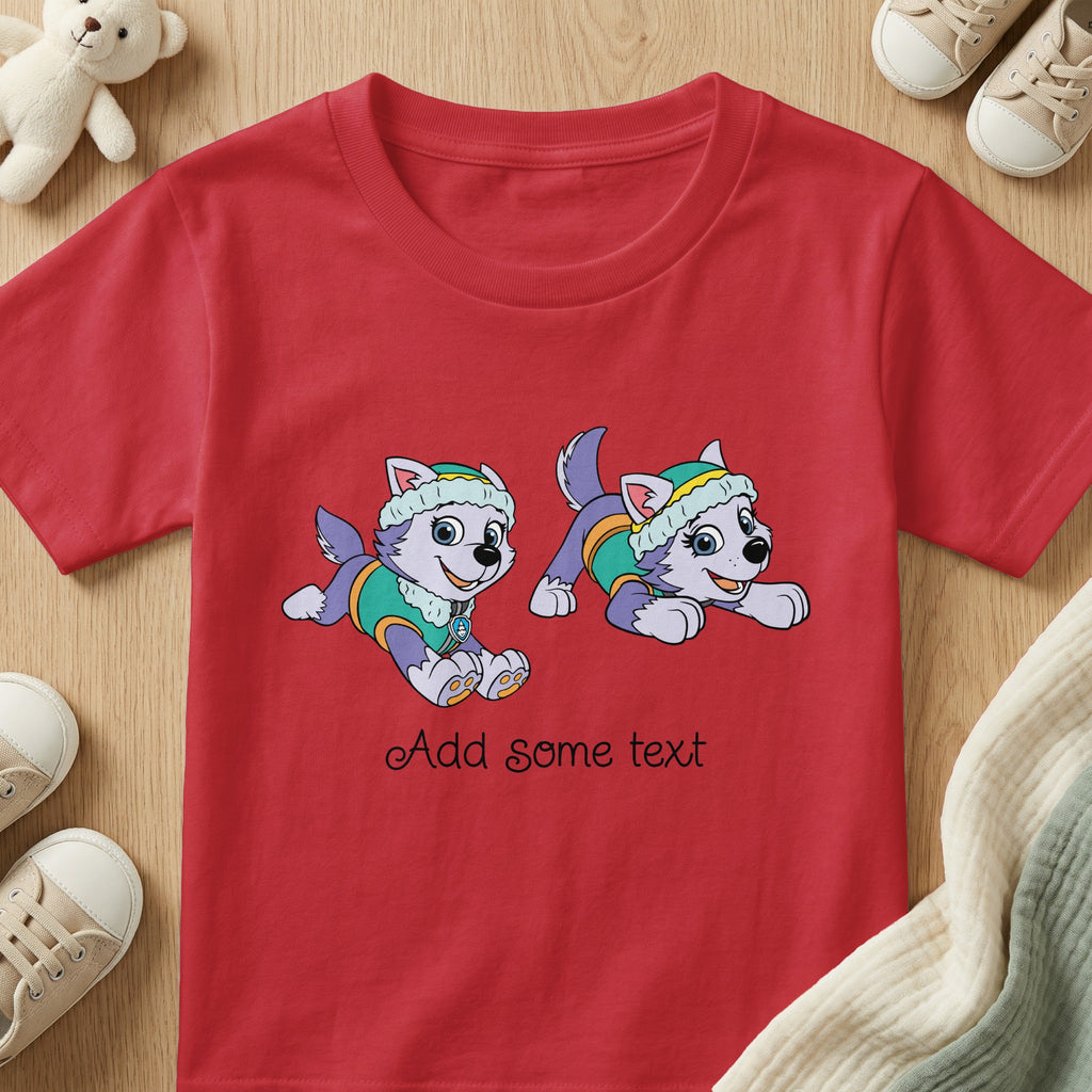 Red t-shirt with two cartoon huskies and "Add some text" graphic.