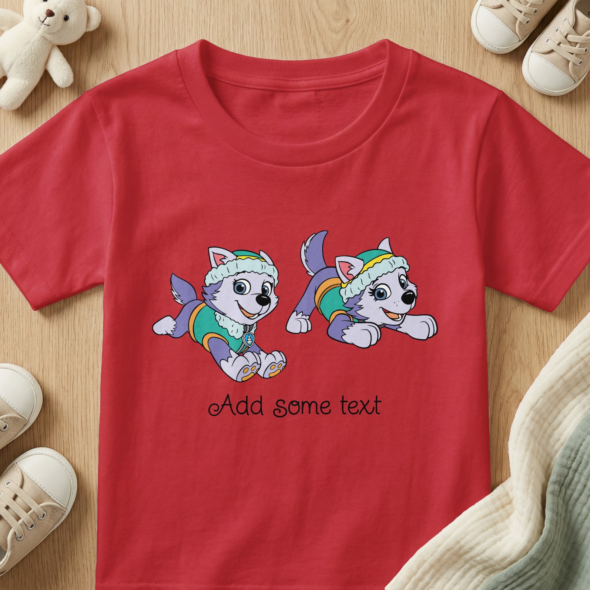 Red t-shirt with two cartoon huskies and "Add some text" graphic.